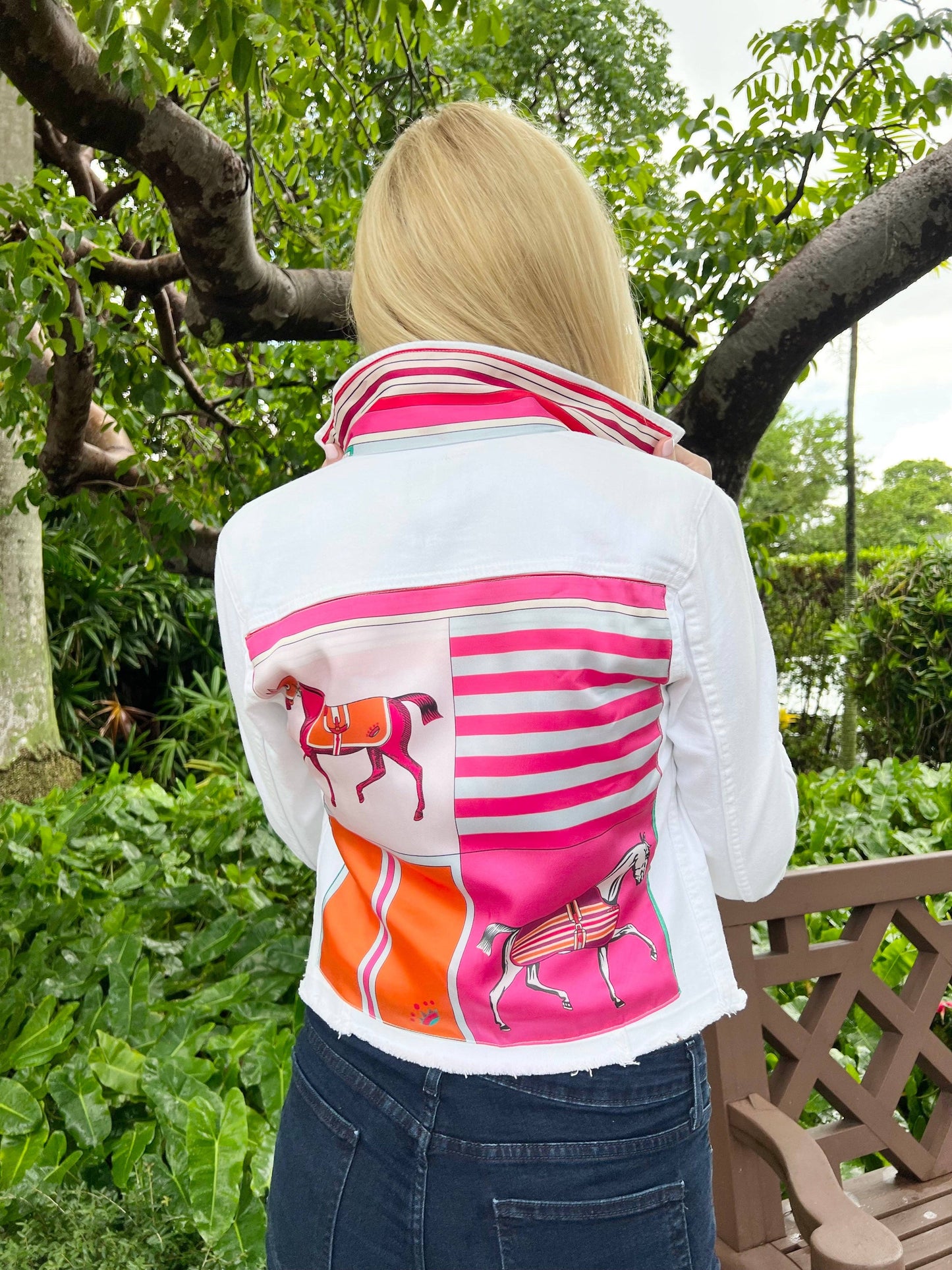 Stacy Bradley Design - The White Denim Jacket / Pink Horse: Medium