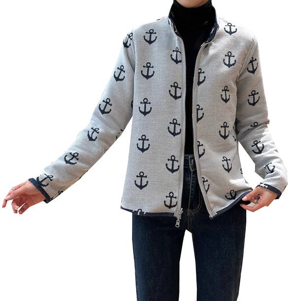 Winding River - Navy / White Anchors Zipper Sweater: M