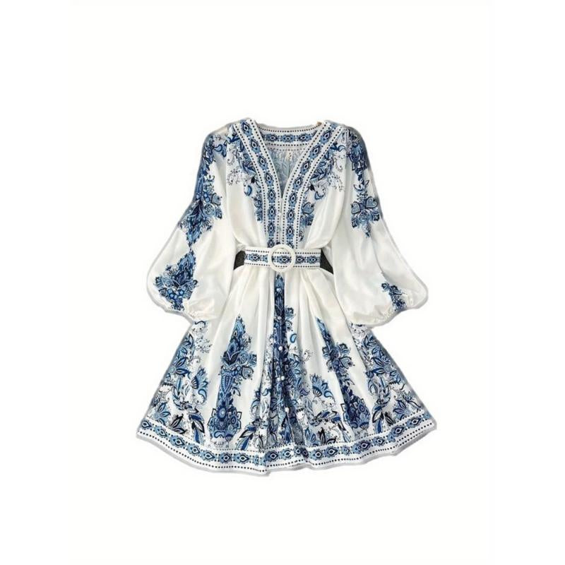 Women'S Fashion V-Neck Long Sleeve Bohemian Print Dress, Comfortable and Elegant, Perfect for Various Occasions, Showcasing Unique Charm