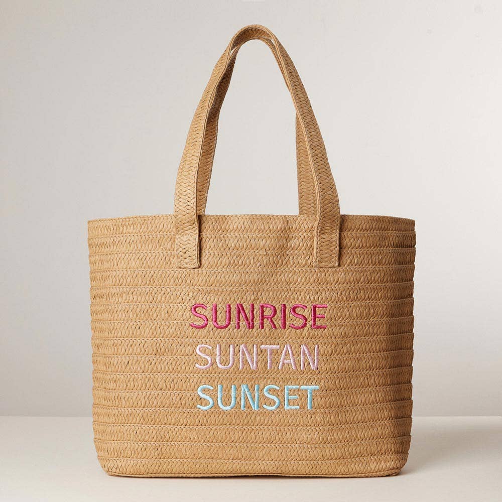 Sensibling Corp. - Raffia SUNRISE SUNTAN SUNSET Message Embroidered Summer Tote