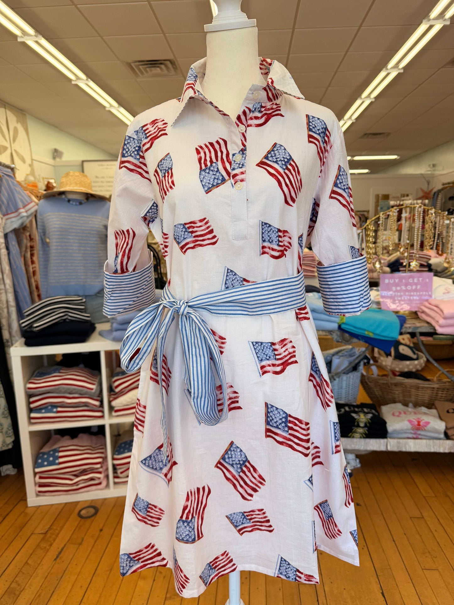 Pink Pineapple - Sconset 3/4 Sleeve Flag dress in white: S