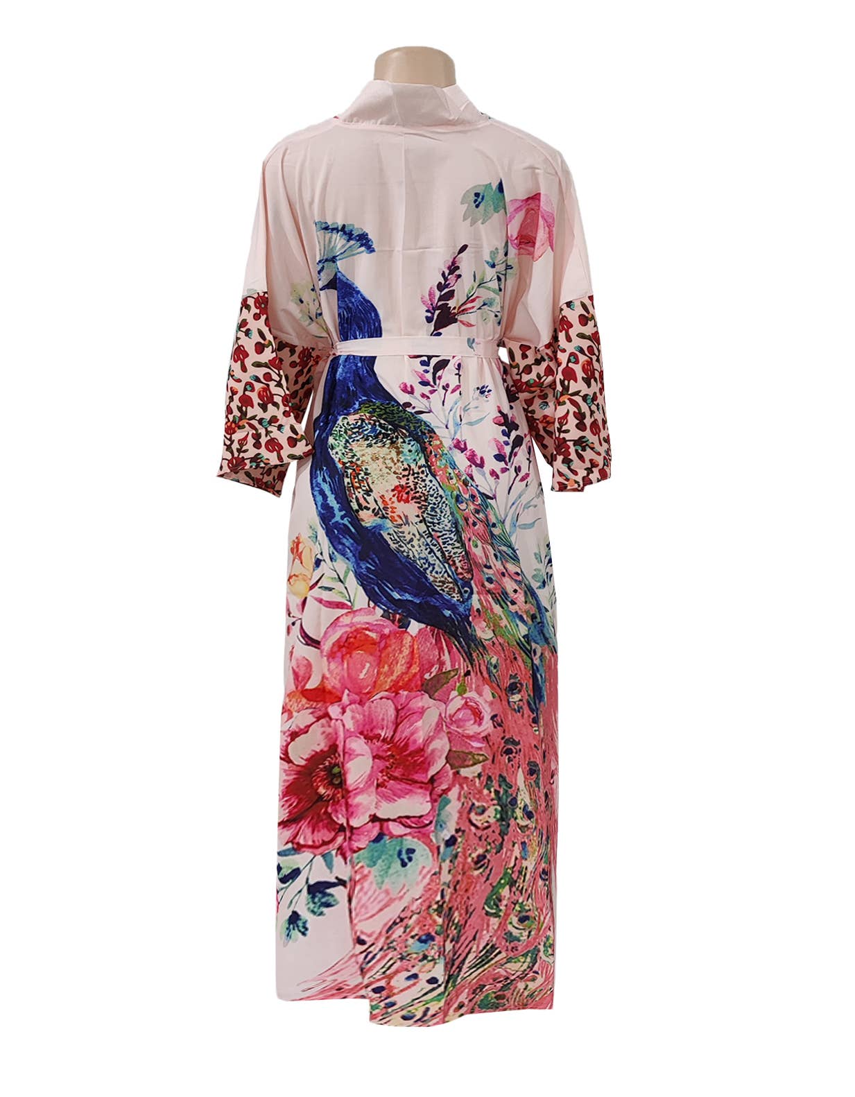 Rosa Clothing - Retro Oriental Peacock Kimono Beach CoverUp Lounge Robe: White / M