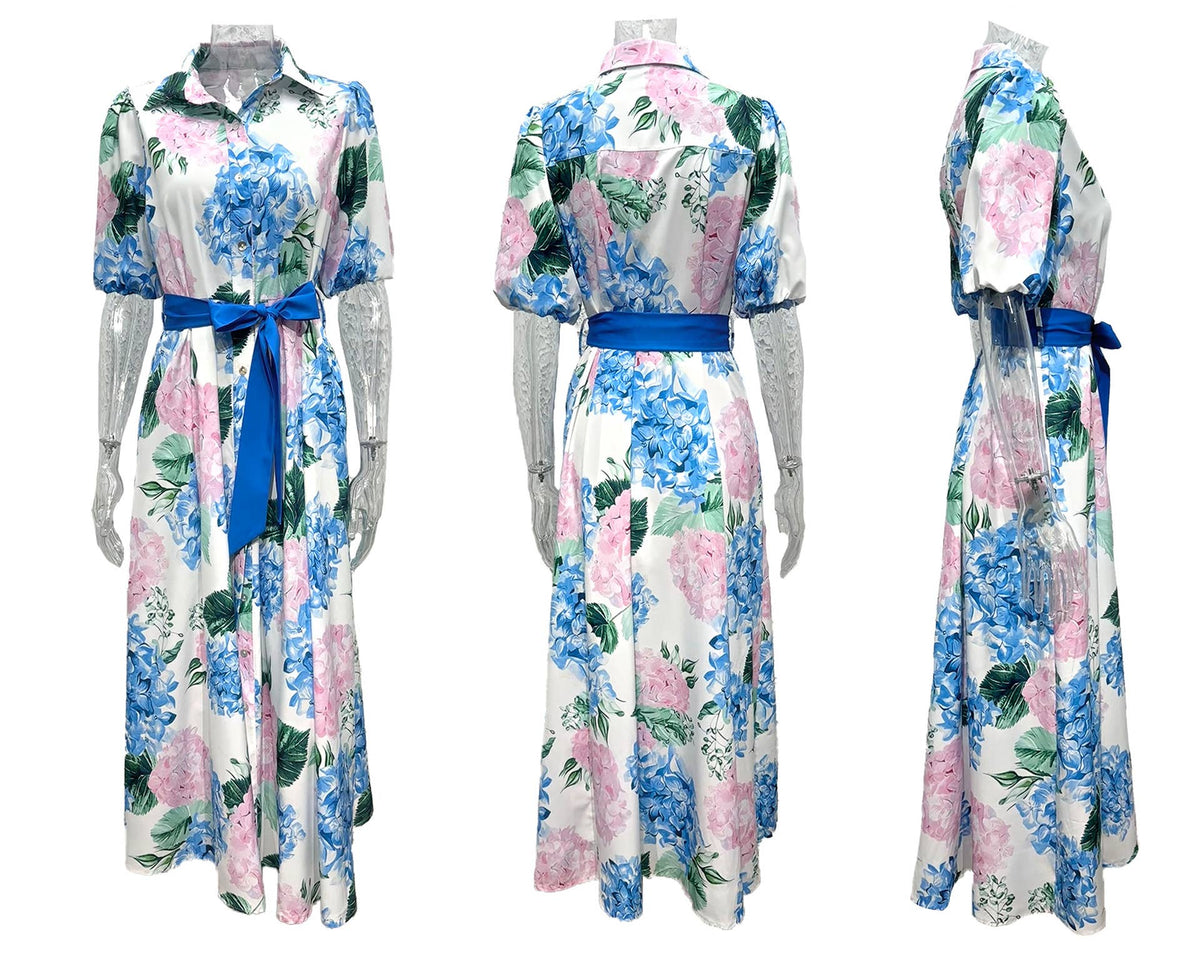 Lily Clothing - BOHO PRINT SHORT SLEEVE BELT A-LINE DRESS: BLUE / (M) 1