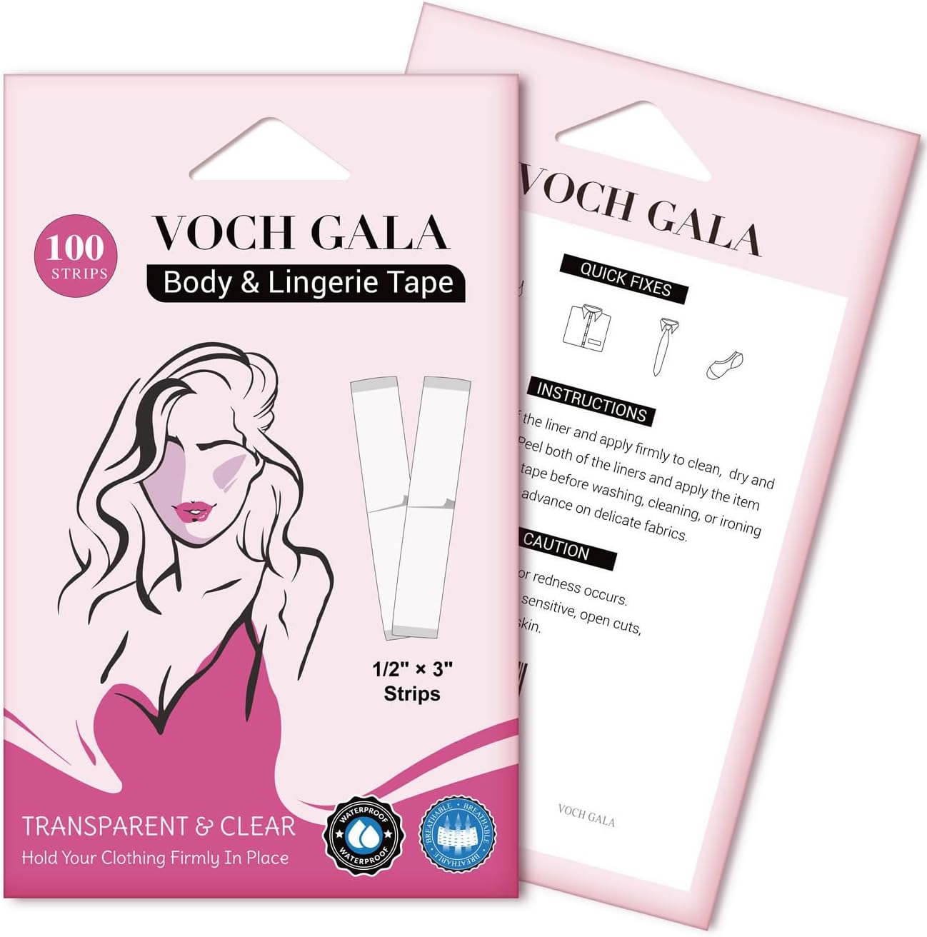 VOCH GALA 100 Strips Double Sided Tape for Fashion and Clothes, Waterproof Fashion Clothing Tape, Fabric Tape to Skin, Strong Adhesive Body Tape, Clear Transparent for All Skin Shades