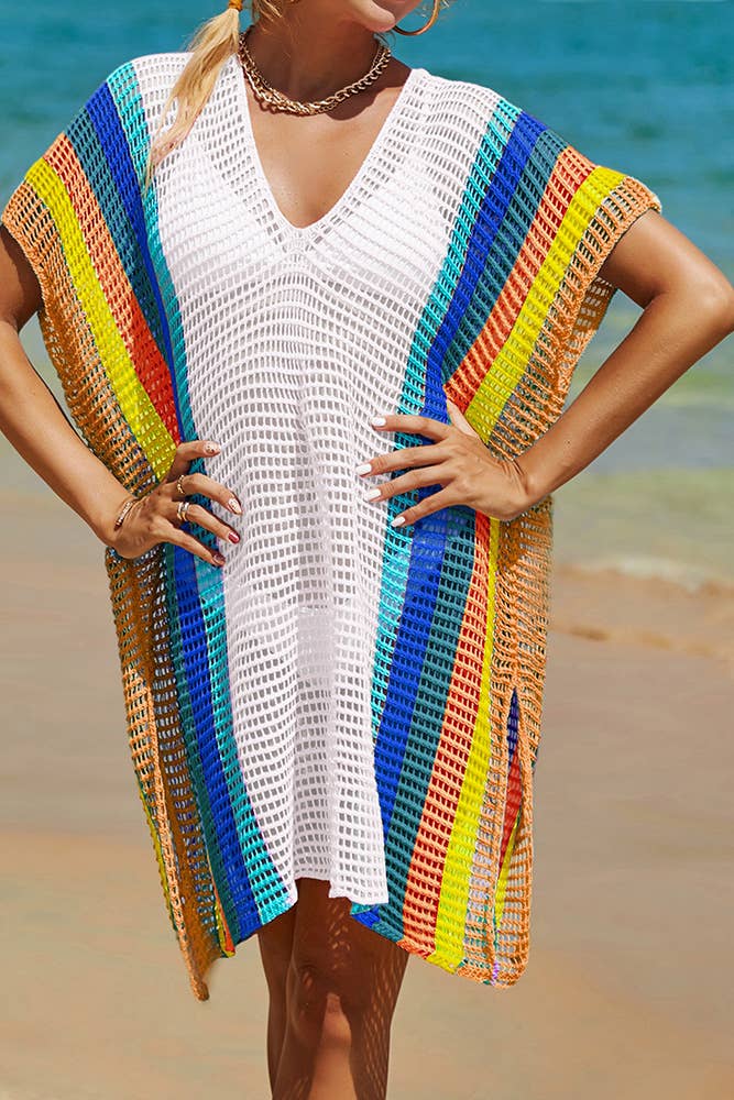 UNISHE - Rainbow Colorblock Splicing Beach Cover Up JYYS143: Pink / One Size