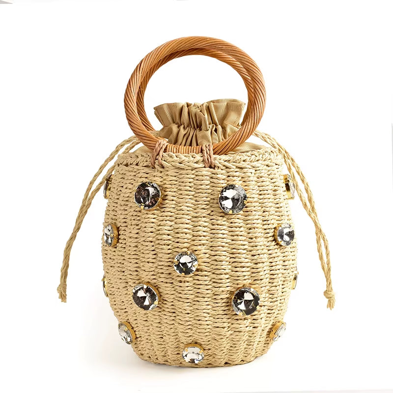 Handmade Rhinestone Crystal Embellished Straw Bag Small Bucket Lady Travel Purses and Handbags