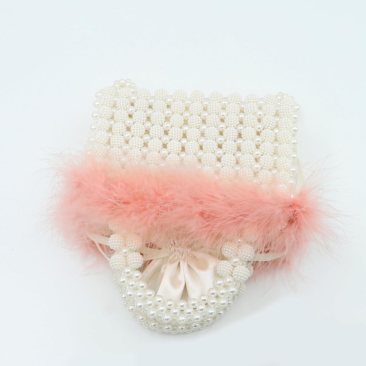 Women Pearl Purse,Evening Bags, Artificial Pearl Clutch, Square Pink Feather Handbags, White Purse for Party Wedding Travel