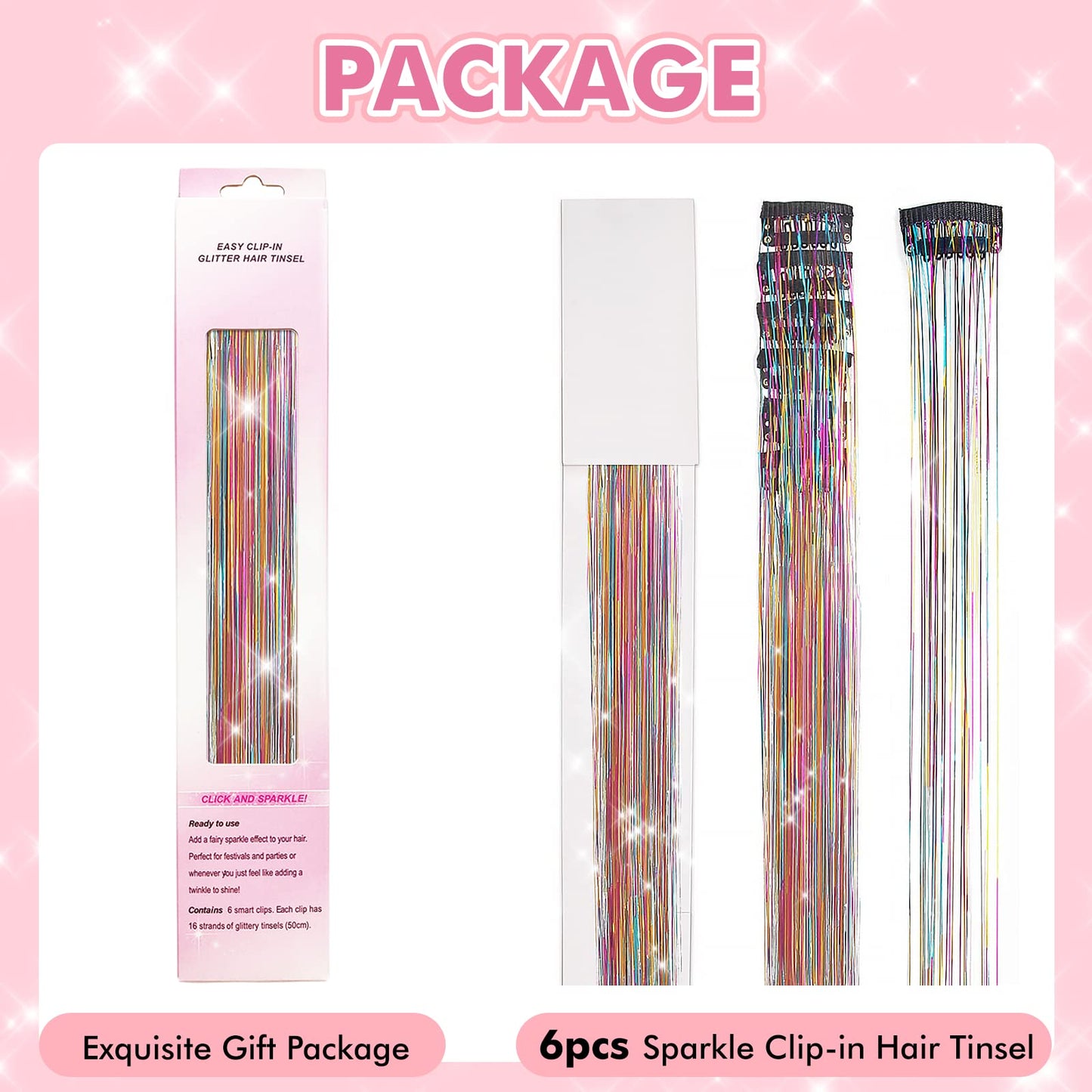 Clip in Hair Tinsel, POROLIR 6Pcs Glitter Fairy Tinsel Hair Extensions 20 Inch Shiny Hair Tinsel Heat Resistant, Sparkly Strands Hair Accessories, Festival Gift for Women Girls Kids (Silver)
