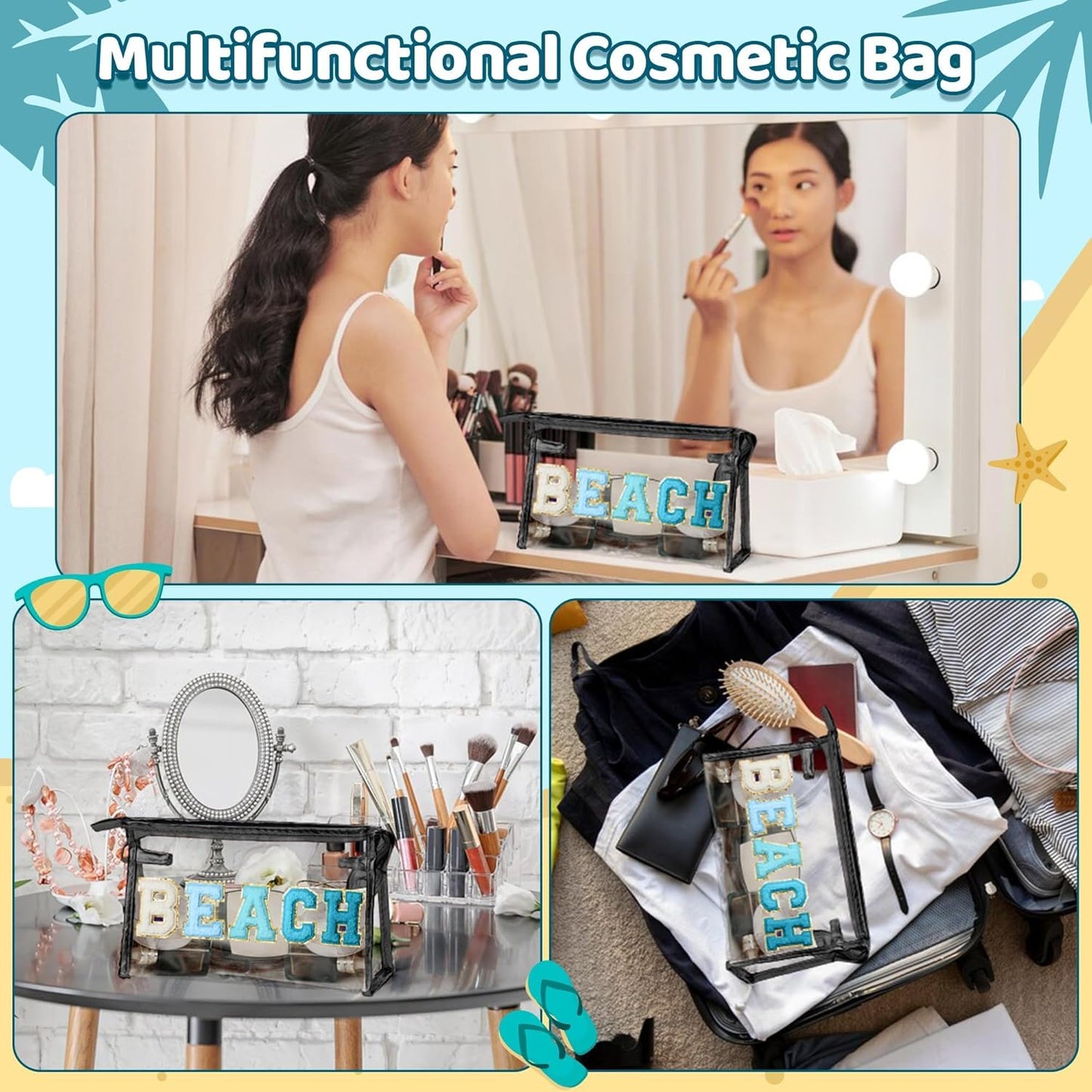 Preppy Patch Cosmetic Bag - Summer Beach Chenille Varsity Letter Clear Toiletry Bag, Aesthetic Waterproof Portable Clutch Pouch for Women and Girls (Gradient Blue)