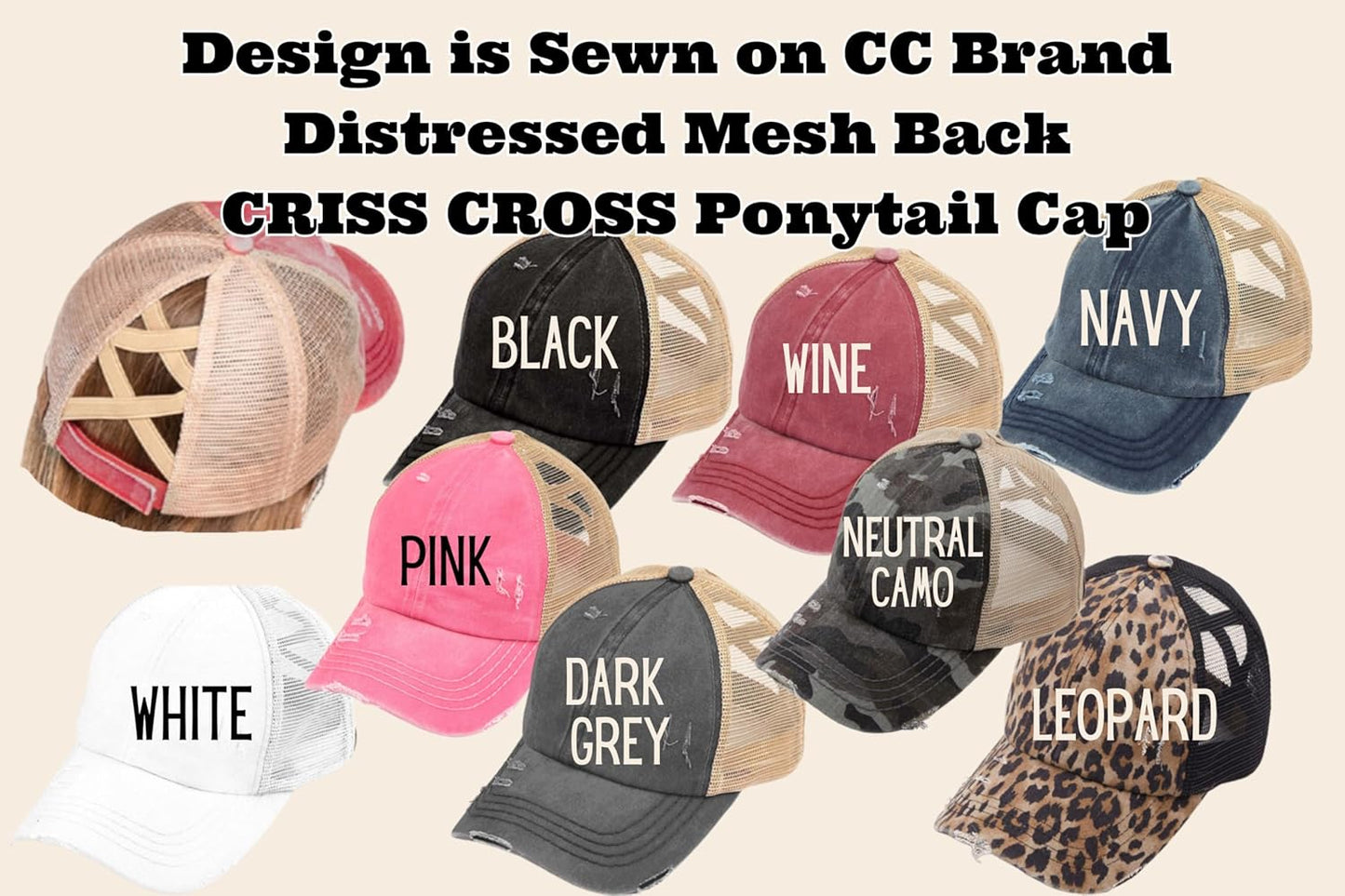 Monogrammed Criss Cross Ponytail Messy Bun Hat Cap with Monogram Initials, Pink or More, Embroidered Choose Font, Custom Personalized Handmade Gift Birthday Christmas Mom Wife, Sewn On CC Base