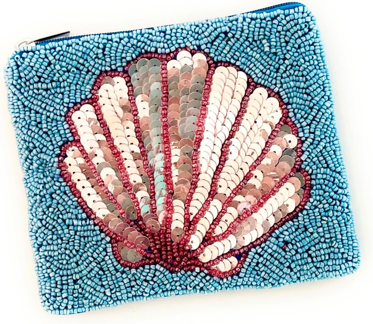 Seashell Beaded Pouch Purse, Blue Beaded Purse Pouch, Beach Lover Coin Purse, Small Wallets for Her, Birthday Gift, Gift Card Bag, CP201