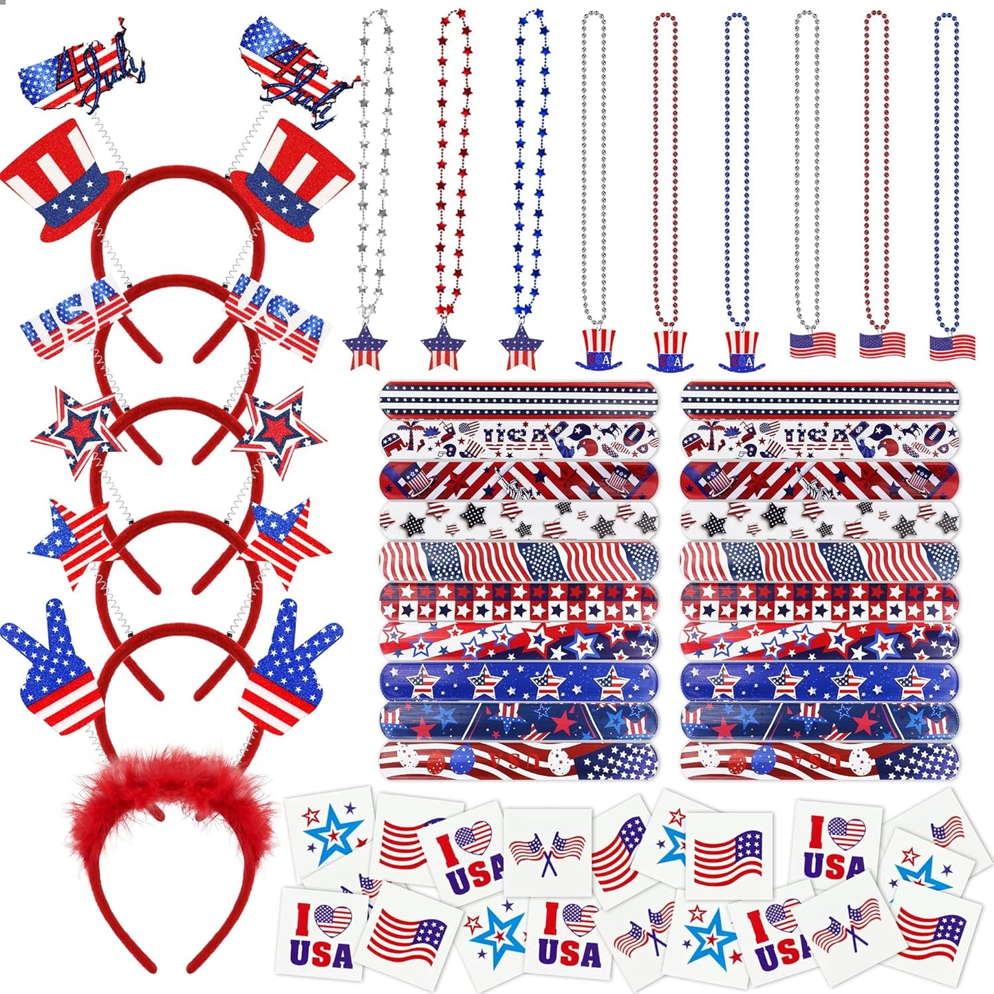 4th of July Accessories Patriotic Party Favors Supplies - 6 Headbands, 9 Necklaces, 20 Slap Bracelet and 20 Temporary Tattoos for Fourth of July Party Decorations, Independence Day, Memorial Day