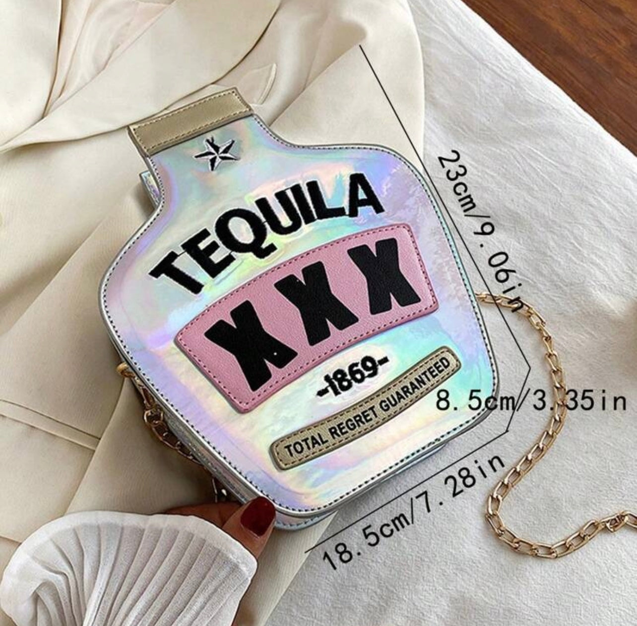 Y2K Laser Bottle-Shaped Purse Sequins Kawaii Tequila Chain Crossbody Bag
