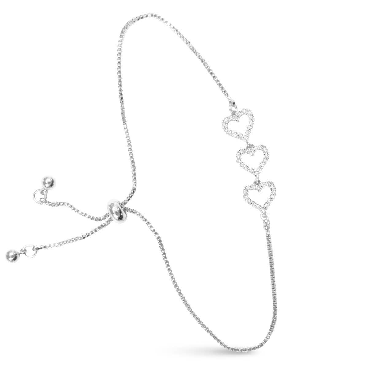 Amanda Blu - Triple Heart CZ Pull Cord Bracelet - Silver