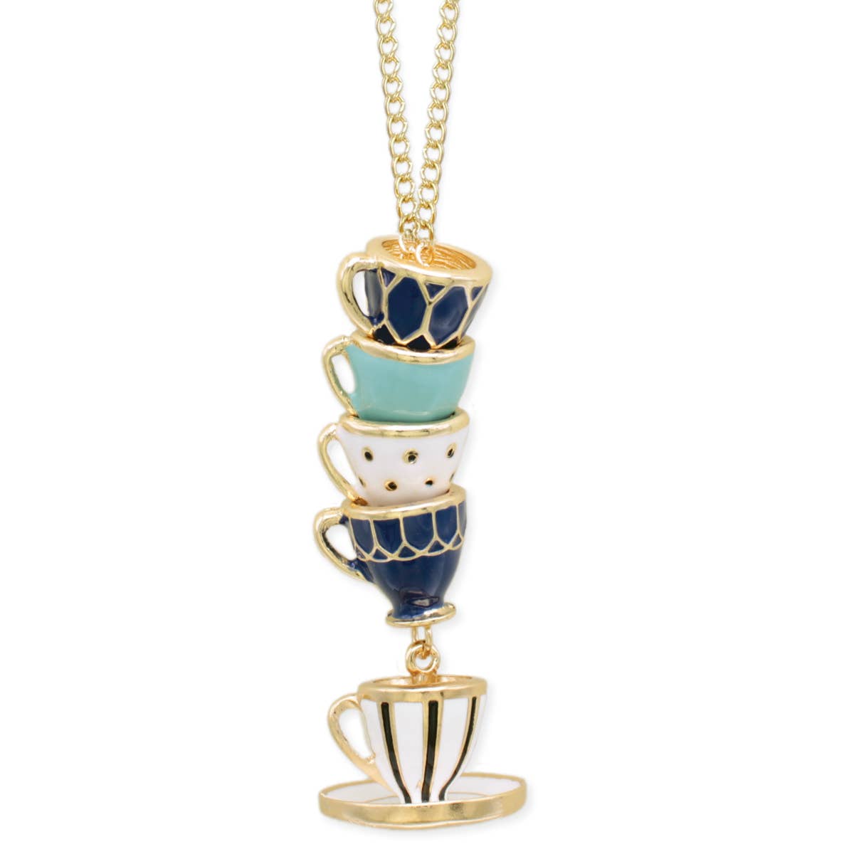 ZAD - Mad Hatter Blue Teacup Stack Gold Necklace