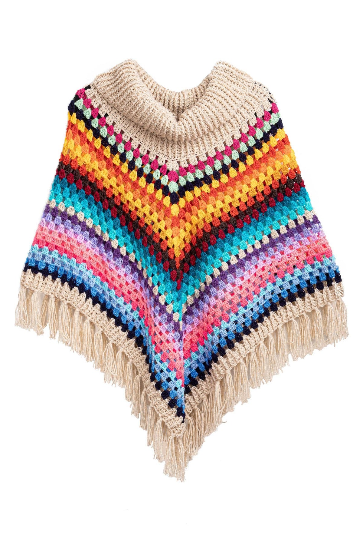 SAACHI - Rainbow Crochet Turtleneck Sweater Poncho
