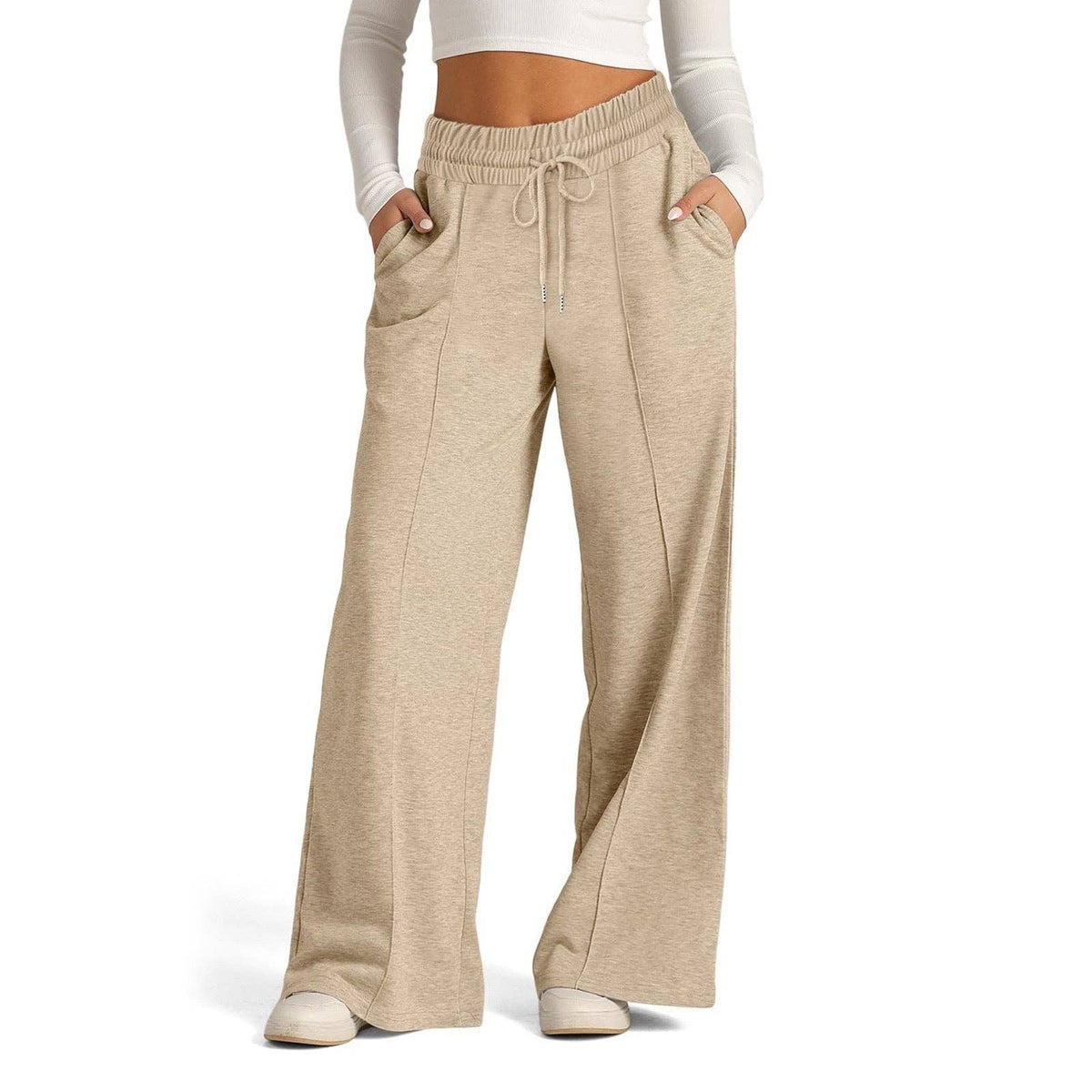 Suhkasana - Women's High Waisted Wide Leg Drawstring Casual Pants: Black / S