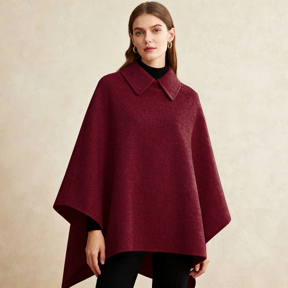 Suhkasana - Women's Collared Wool Blend Cape Sleeveless Winter Poncho: Black / S