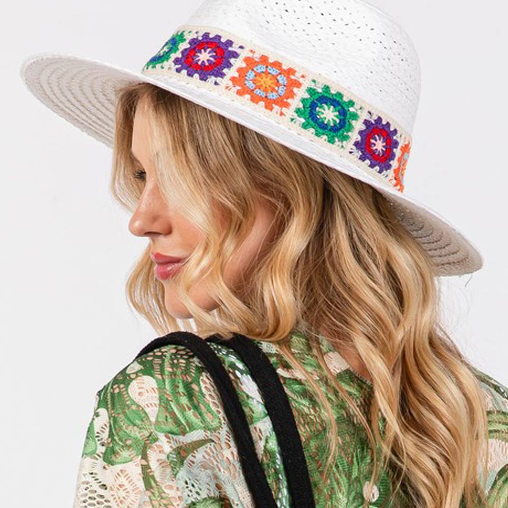 Sensibling Corp. - Floral Crochet Band Straw Hat
: White
