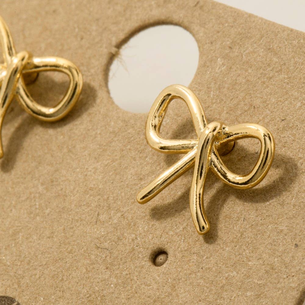 Fame Accessories - Gold Dipped Wire Ribbon Bow Stud Earrings: S