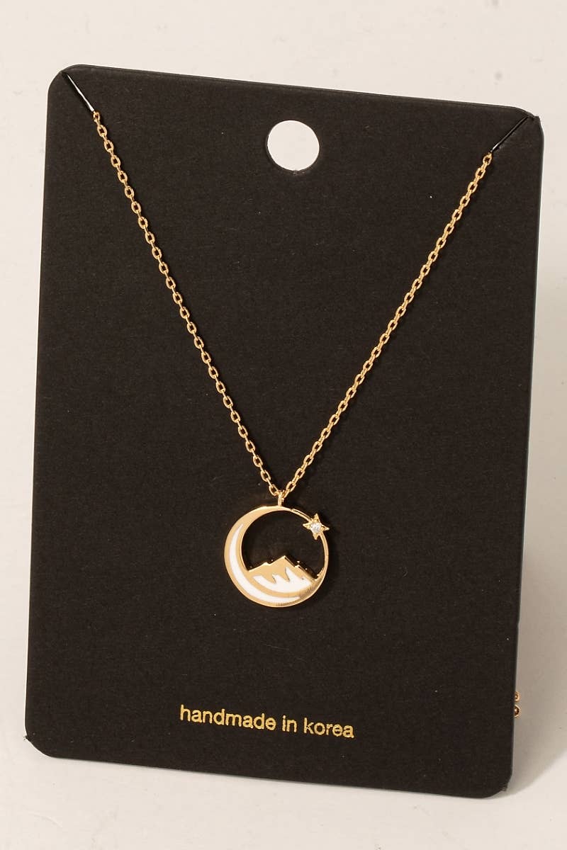 Fame Accessories - Enamel Moon Mountain And Cz Star Pendant Necklace: BK