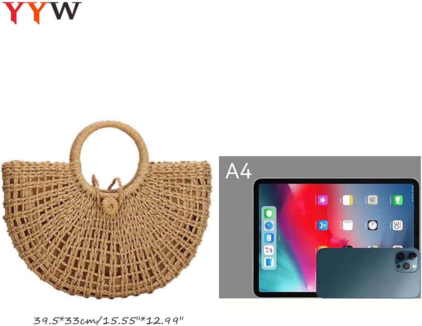 Straw Bags for Women,Hand-Woven Straw Top-Handle Bag with round Ring Handle Summer Beach Rattan Tote Handbag