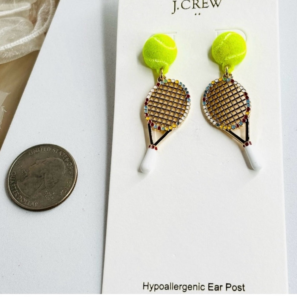J.Crew Tennis Racket Earrings with Green Tennis ball Accents