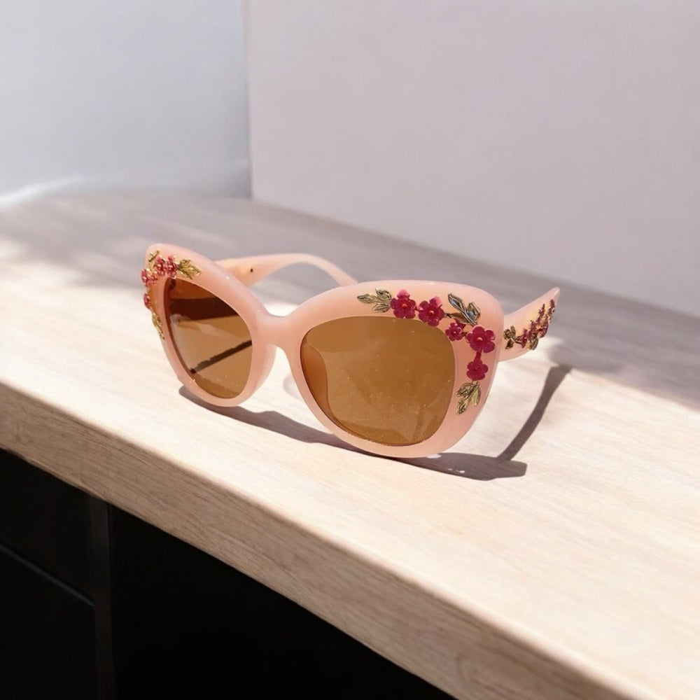 Vintage Cat Floral Embellished Black Sunglasses NWT