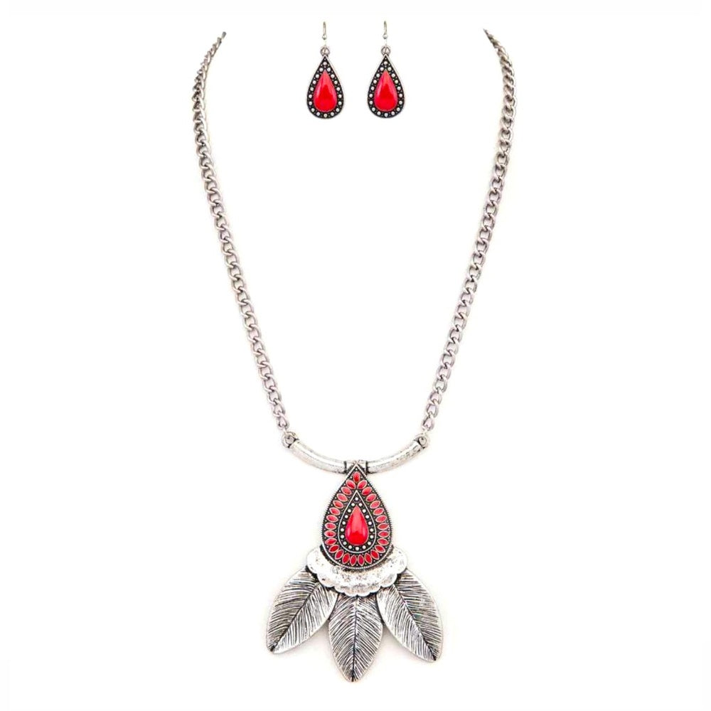 Silver and Red Teardrop Necklace and Earring Set