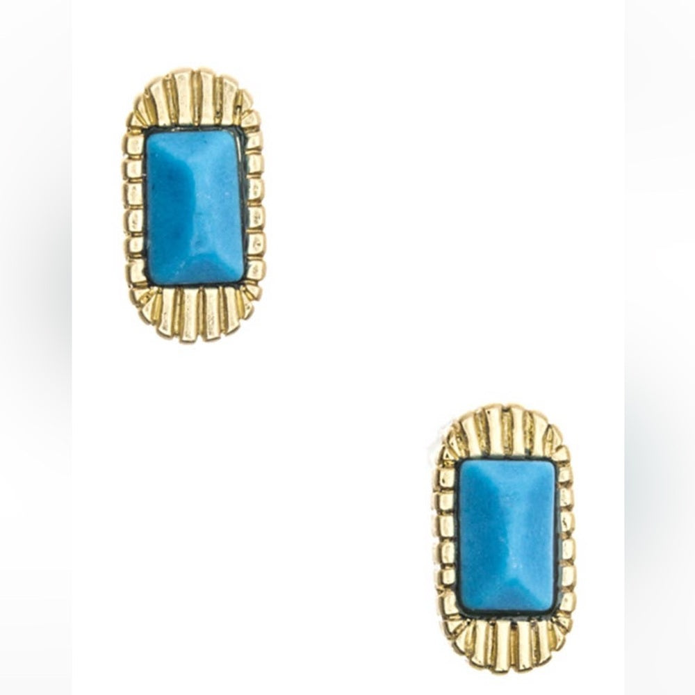 Gold and Blue Rectangular Stud Earrings
