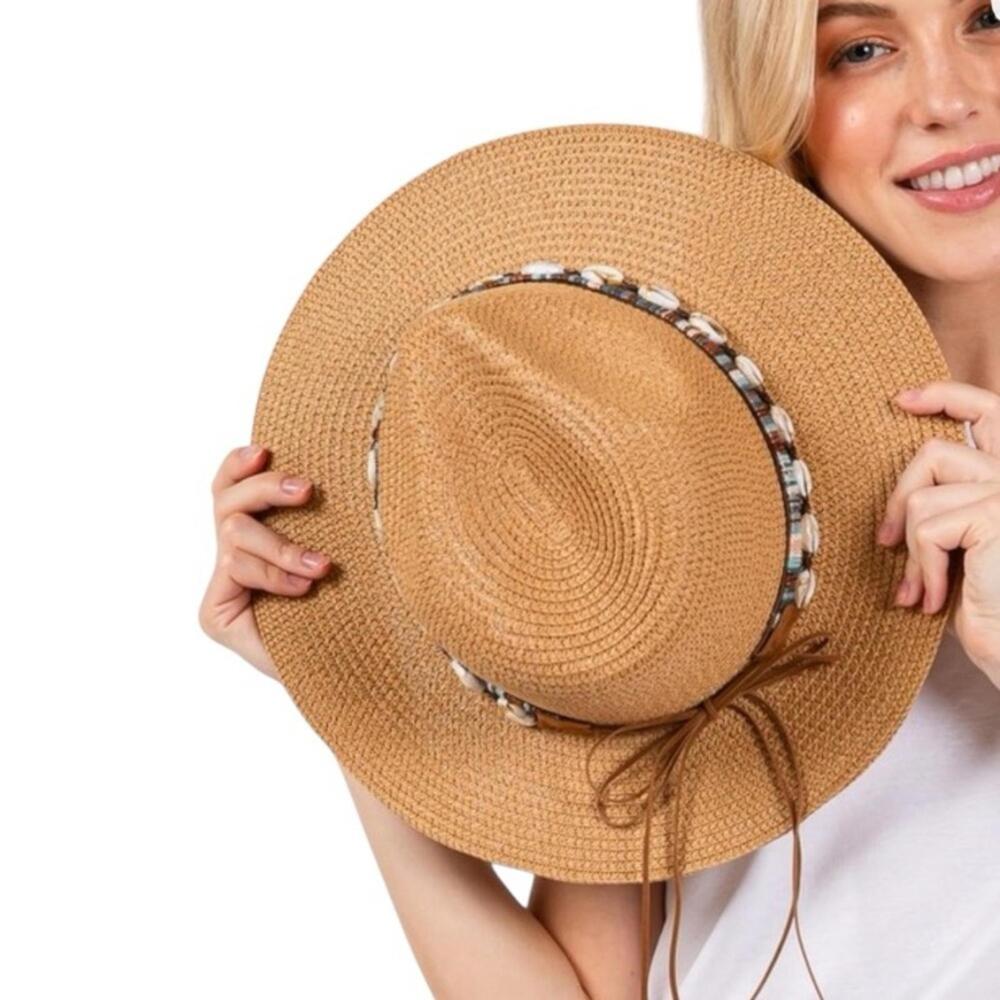 Tan Straw Hat with Shell Detailing