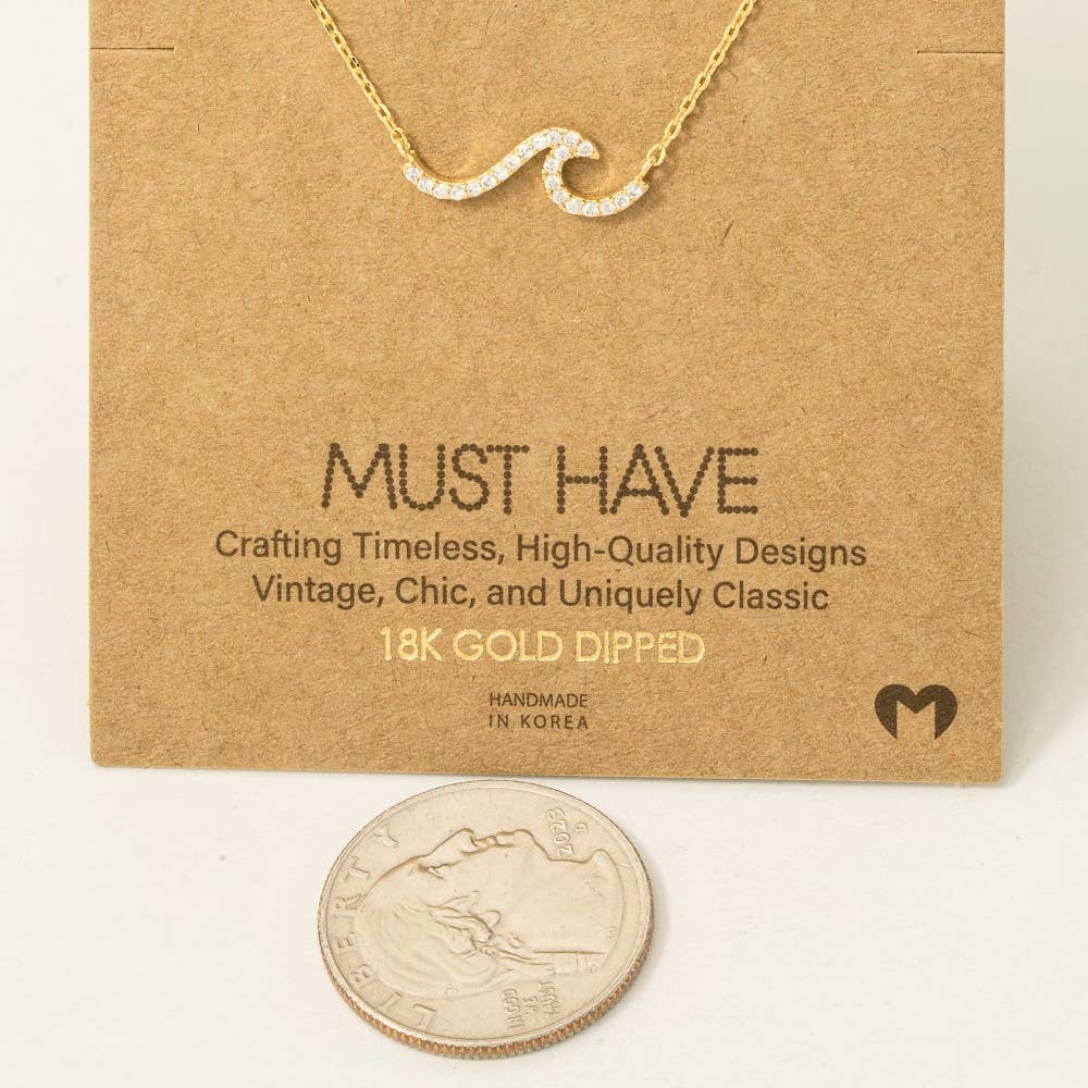 Fame Accessories - Gold Dipped Pave Wave Pendant Necklace: G