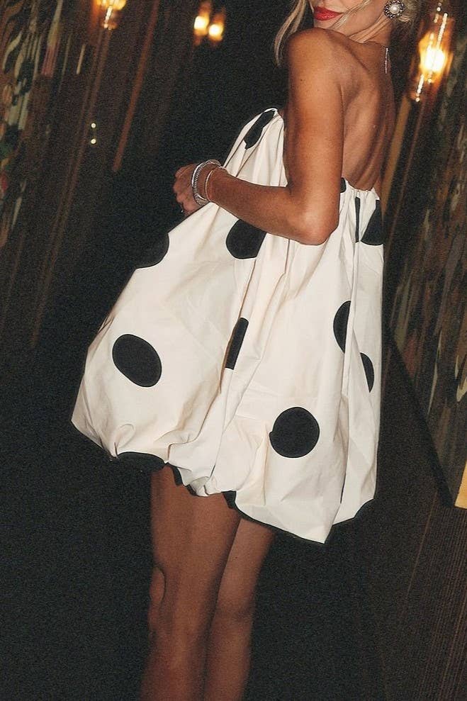 HIDDENBRAND - Romance Polka Dots Bandeau strapless mini Bubble dress: White / M