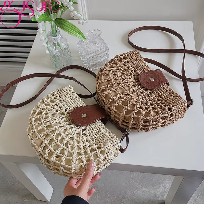 Woven Rattan Bag round Straw Shoulder Bag Small Beach Handbags Women Summer Hollow Handmade Messenger Crossbody Bags