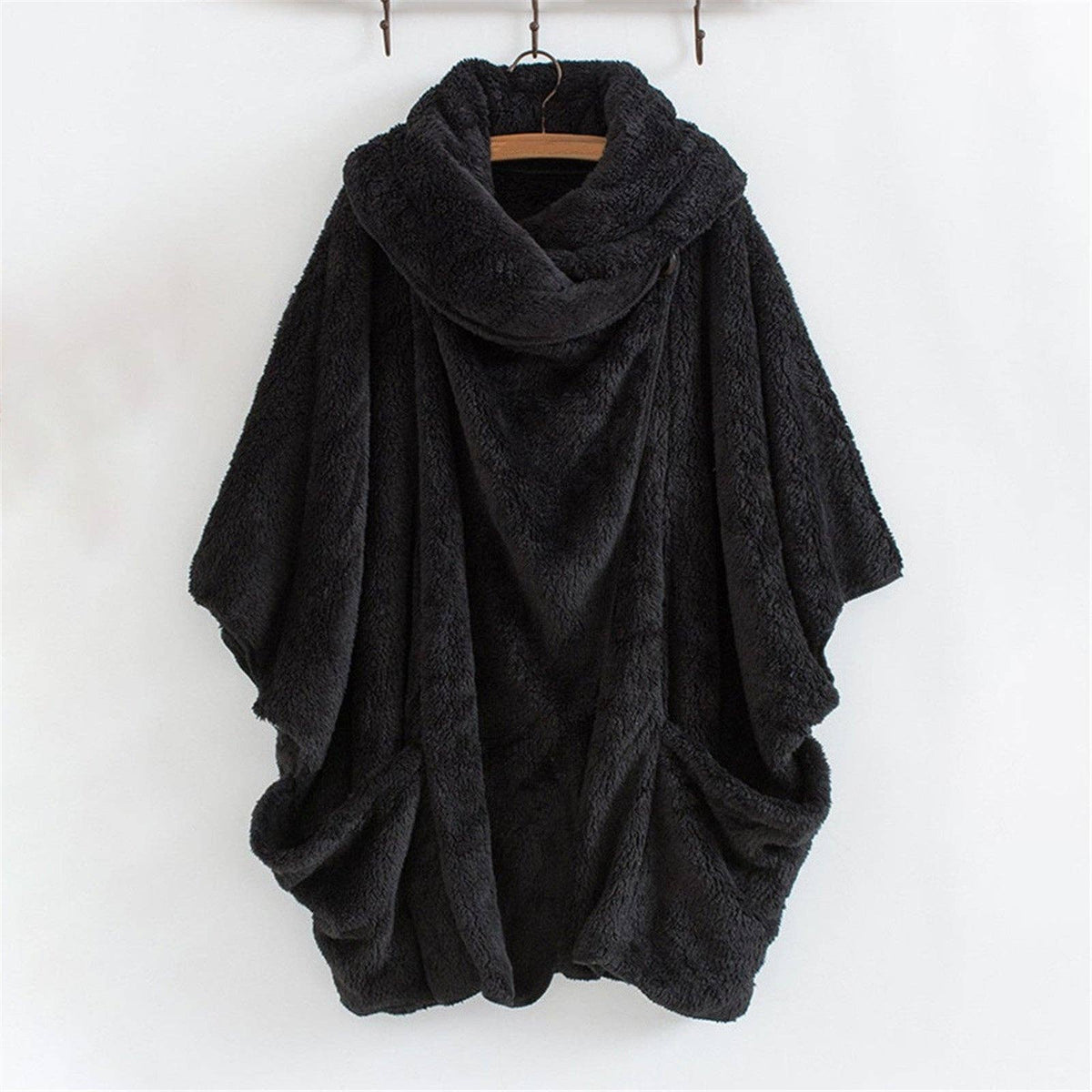 Suhkasana - Women's Oversized Sherpa Jacket Batwing Sleeve Fuzzy Coat: Black / Nan / S