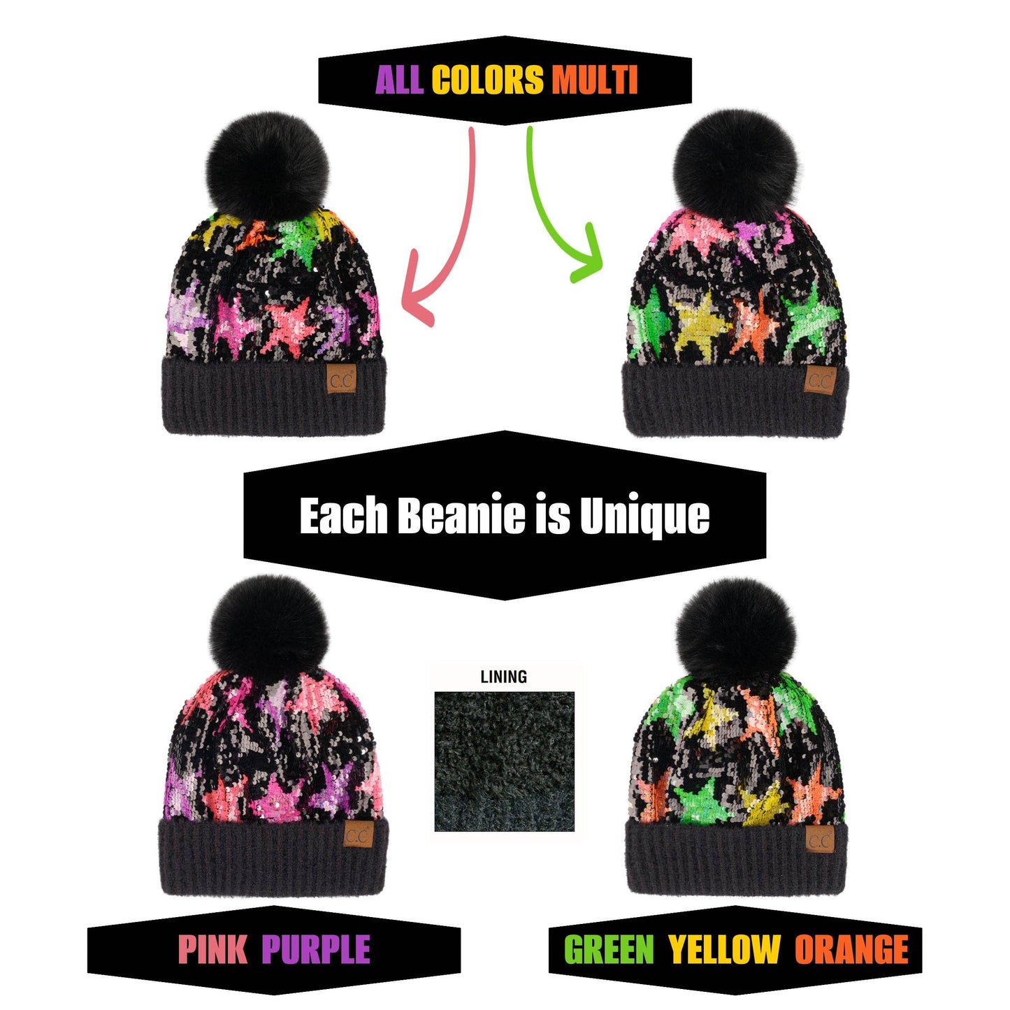 Truly Contagious - CC Sequin Fur Pom Beanie ( HTE0012 ) ( HTE0017 ): Black