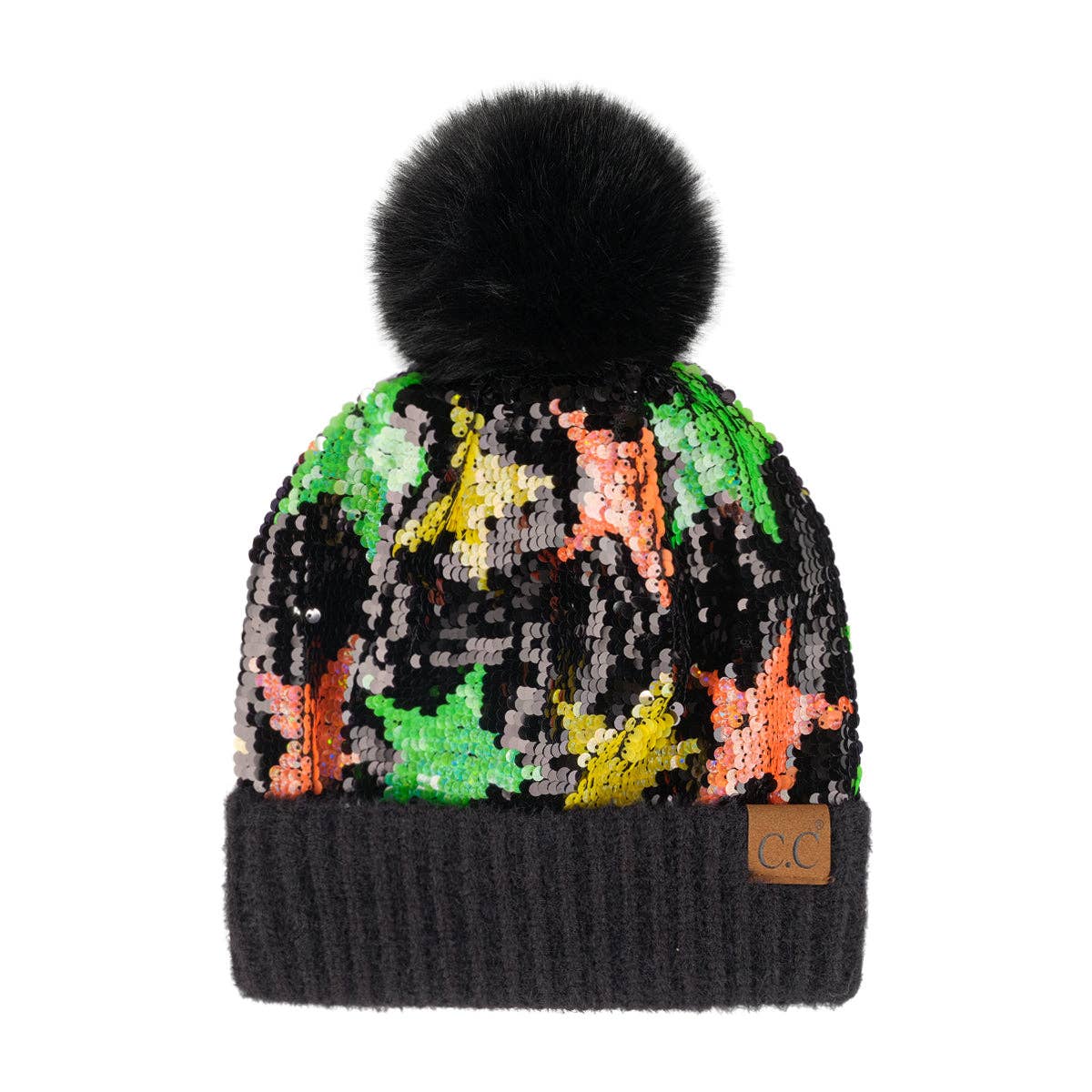 Truly Contagious - CC Sequin Fur Pom Beanie ( HTE0012 ) ( HTE0017 ): Black