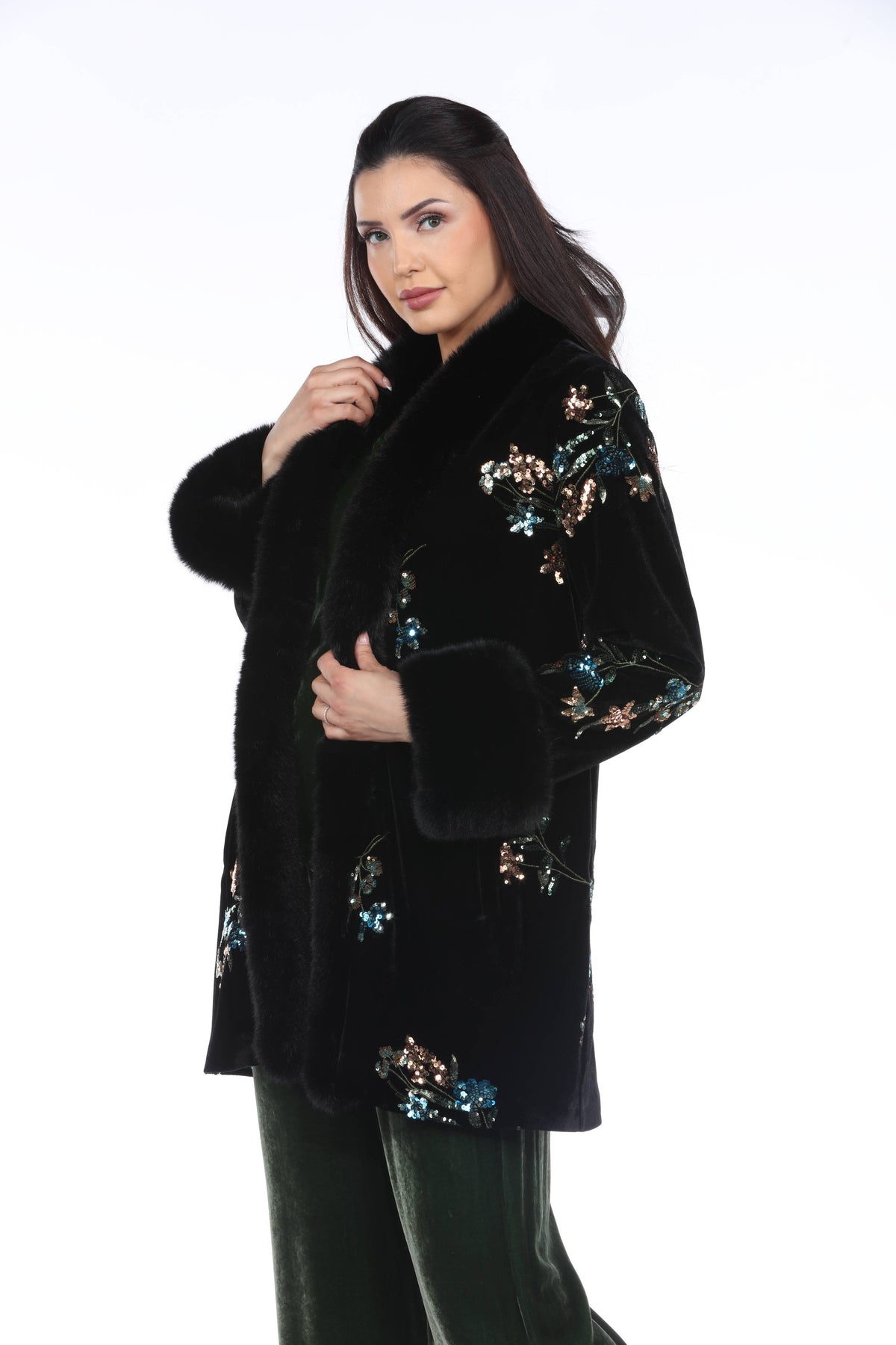 Aris A - Velvet Embroidered Coat with Faux Fur Trim: M