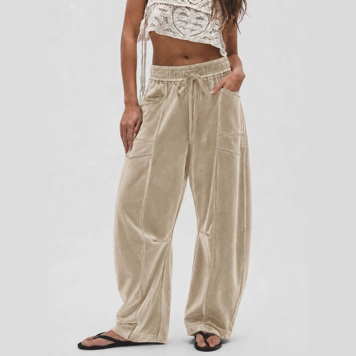 Suhkasana - Women's Velvet Wide Leg Drawstring Casual Pants: Pink / S