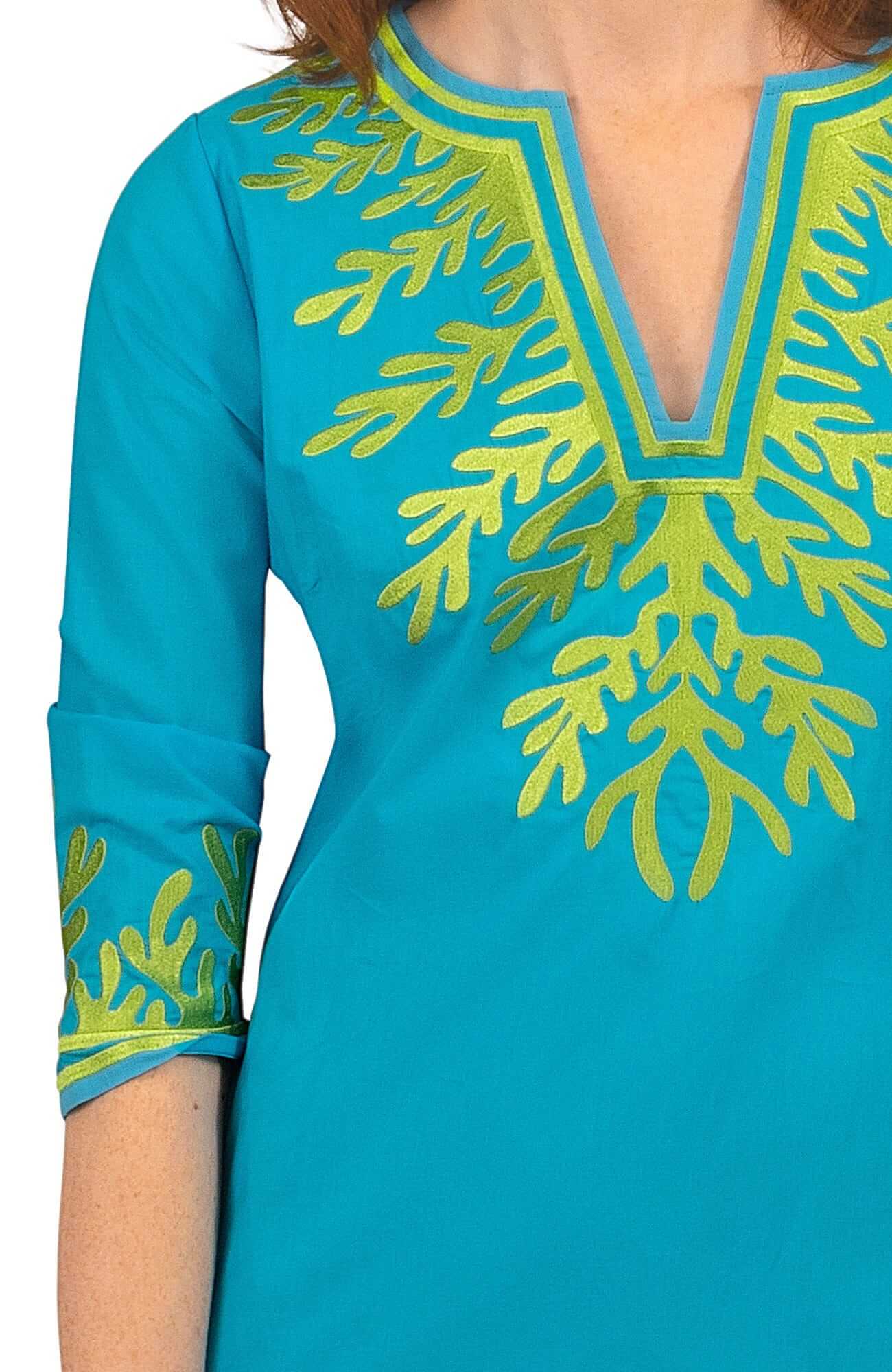 Gretchen Scott LLC - Wash / Wear Embroidered Caftan - The Reef: Coral/Turq / S