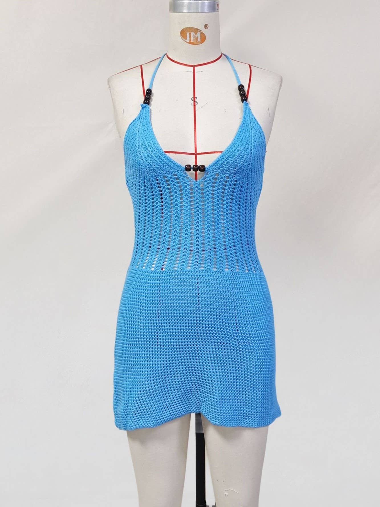 HIDDENBRAND - Lace-Up Halter Neck Knit Beaded Beach Cover-Up: White / S