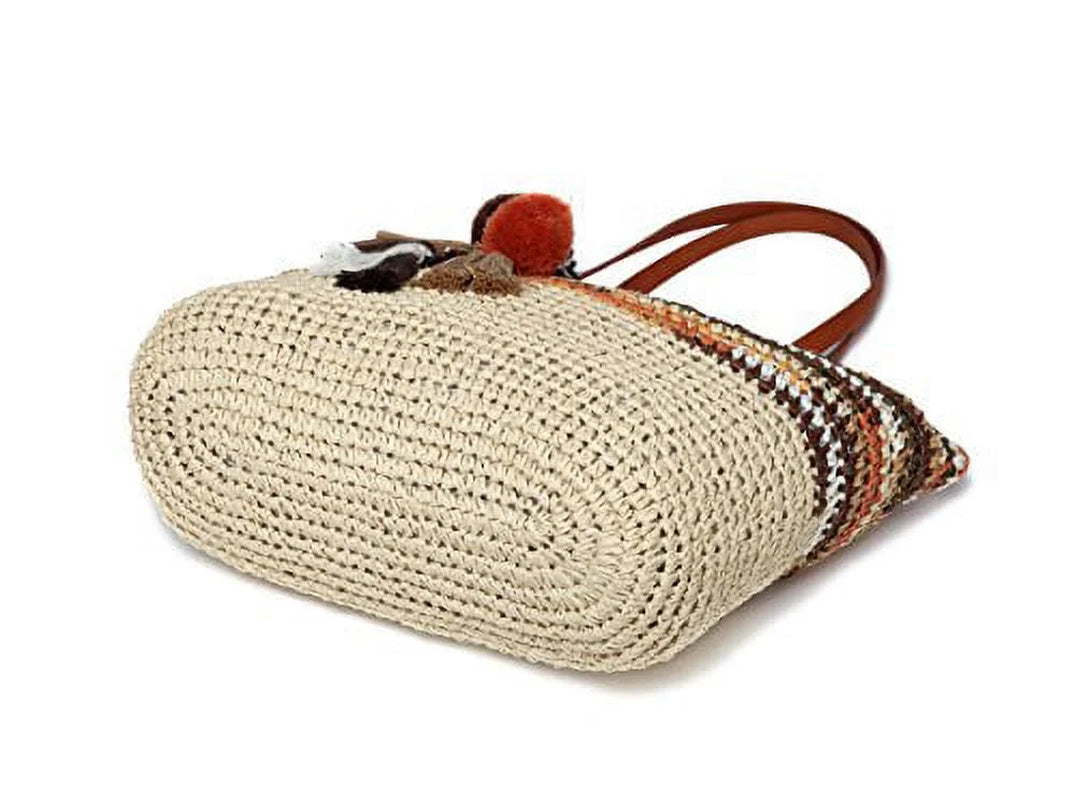 Large Straw Beach Tote Bag for Women with Pom Poms and Inner Pouch -Vegan Leather Handles (Brown Multi Color)