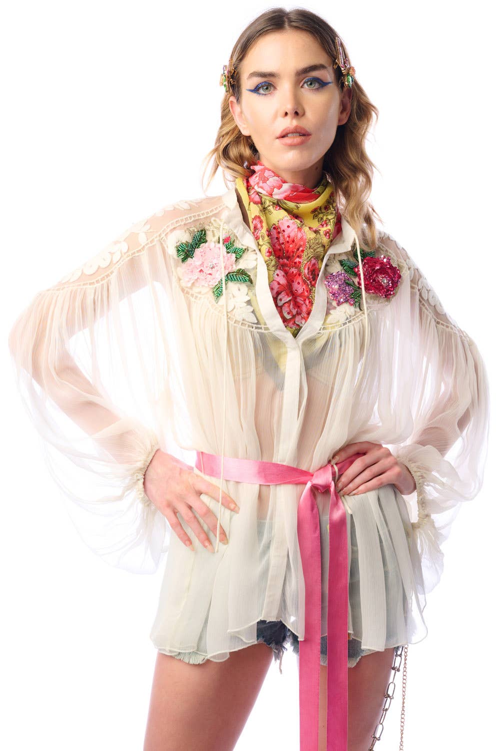 Aratta - Amora Chiffon Hand - Embellished Blouse / Top : Ivory / M