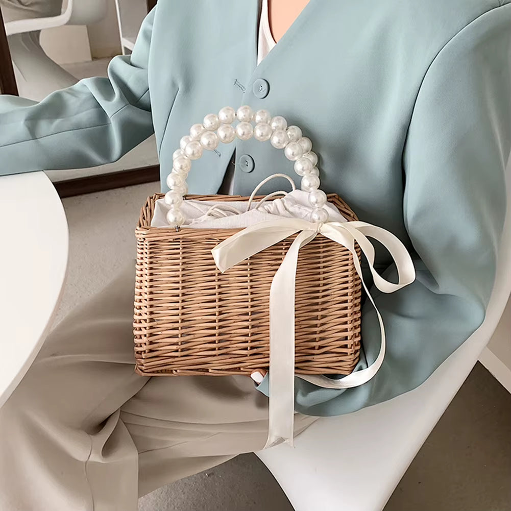 2023 Women Straw Bags and Handbags Summer Rattan Handmade Tote Bags Ladies Ribbonssummer Beach Basket Bag Pearl Beads Travel Bag