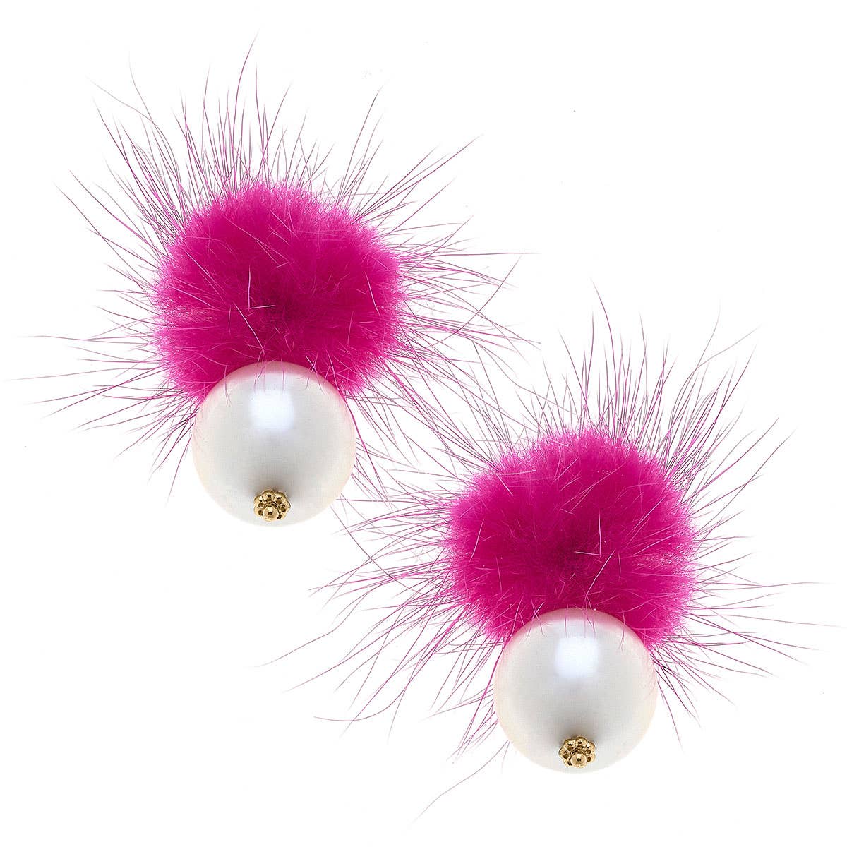 Canvas Style - Aster Faux Mink Pompon & Pearl Earrings: Fuchsia