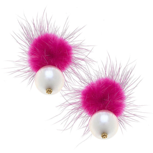 Canvas Style - Aster Faux Mink Pompon & Pearl Earrings: Fuchsia