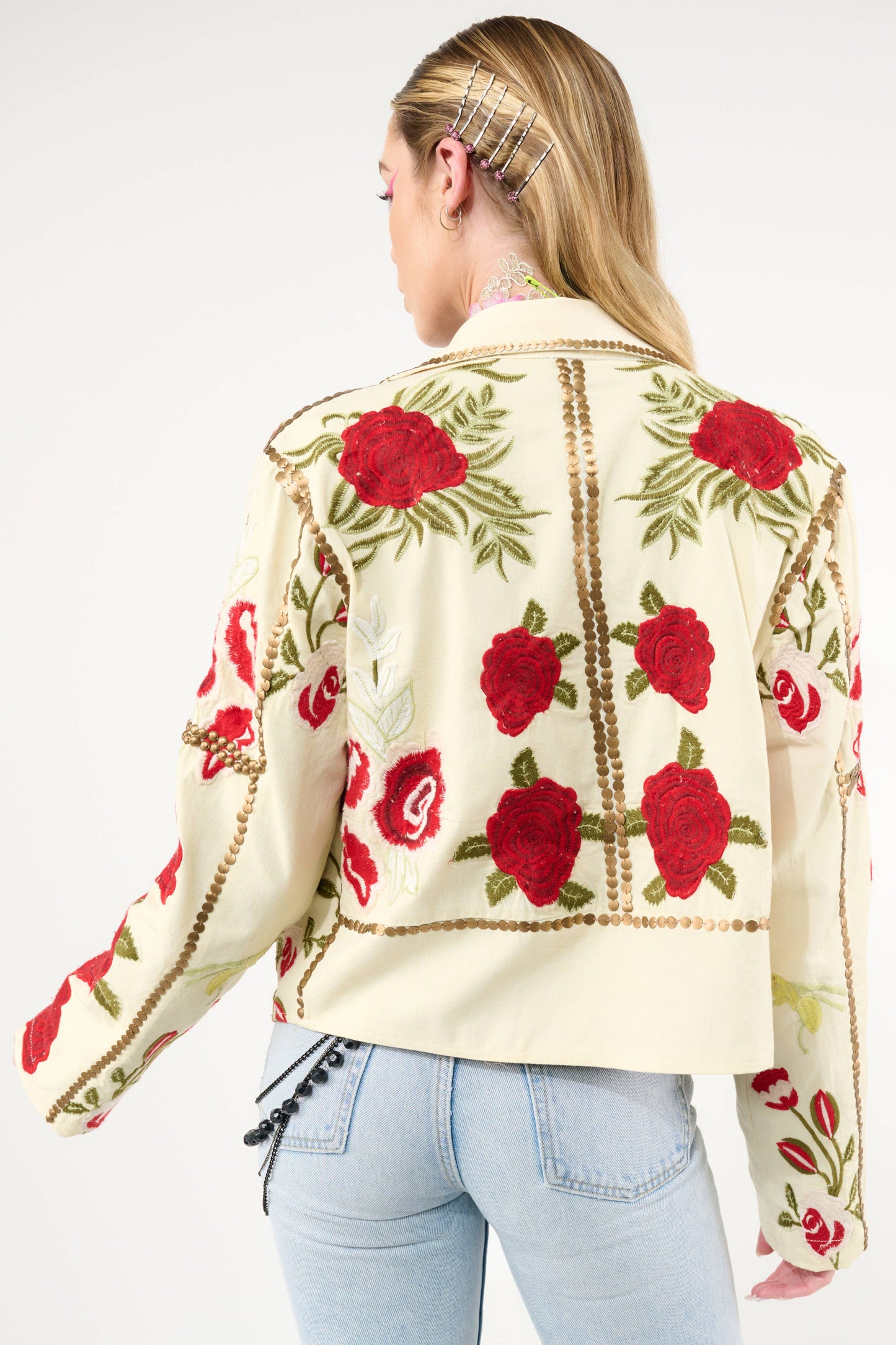 Aratta - Carmen Embroidered Denim Motorcycle Jacket: Ivory / M