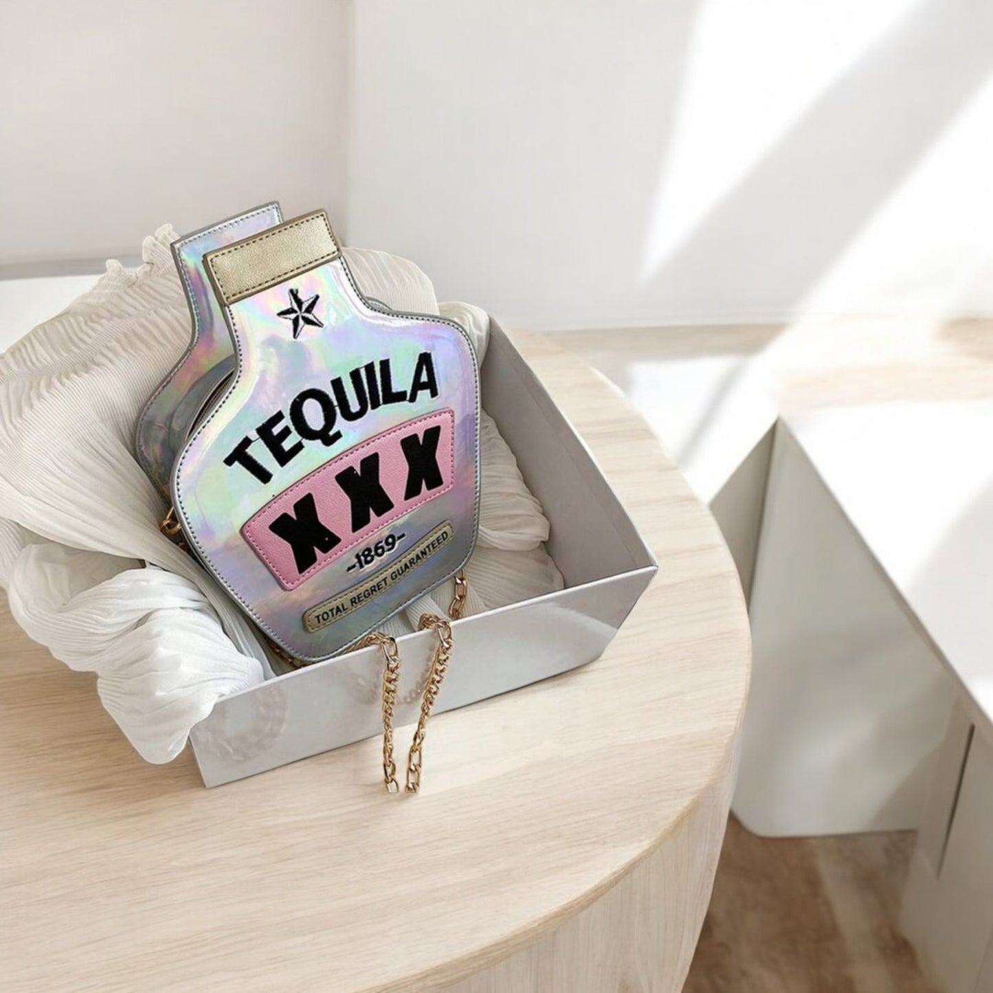 Y2K Laser Bottle-Shaped Purse Sequins Kawaii Tequila Chain Crossbody Bag