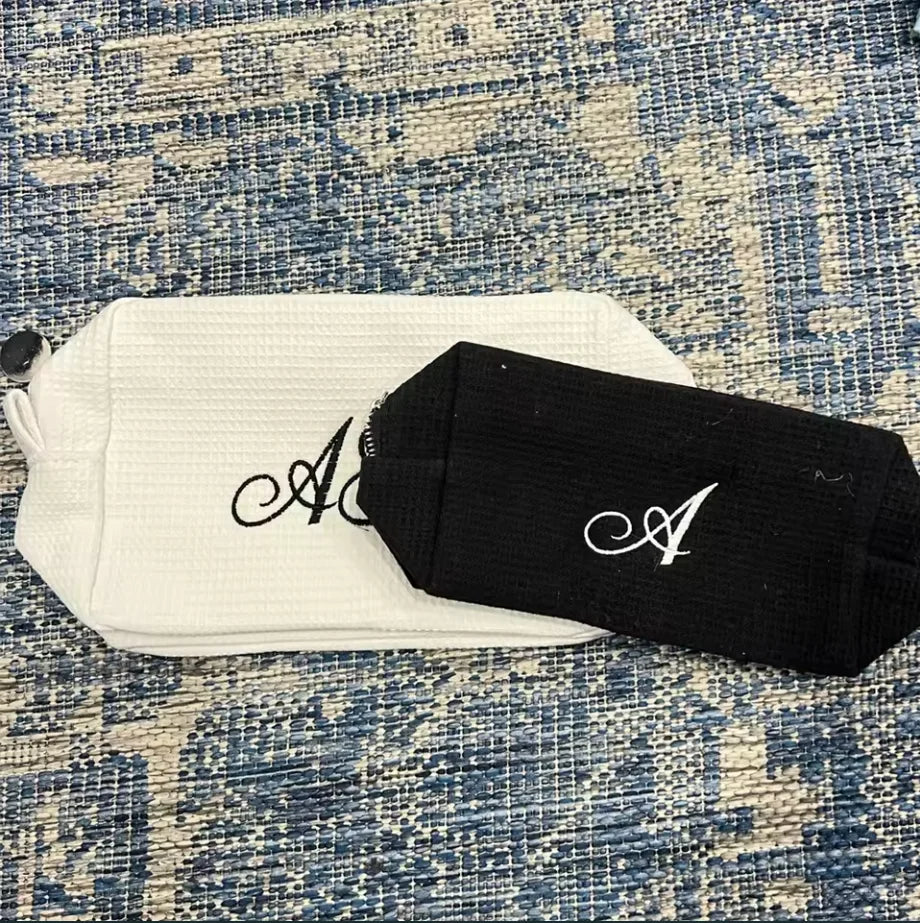 Personalized Makeup Bag -Travel Cosmetic Bag -Custom Waffle Weave Bag- Bridesmaid Gift - Monogram Toiletry Bag - Makeup Bag Set