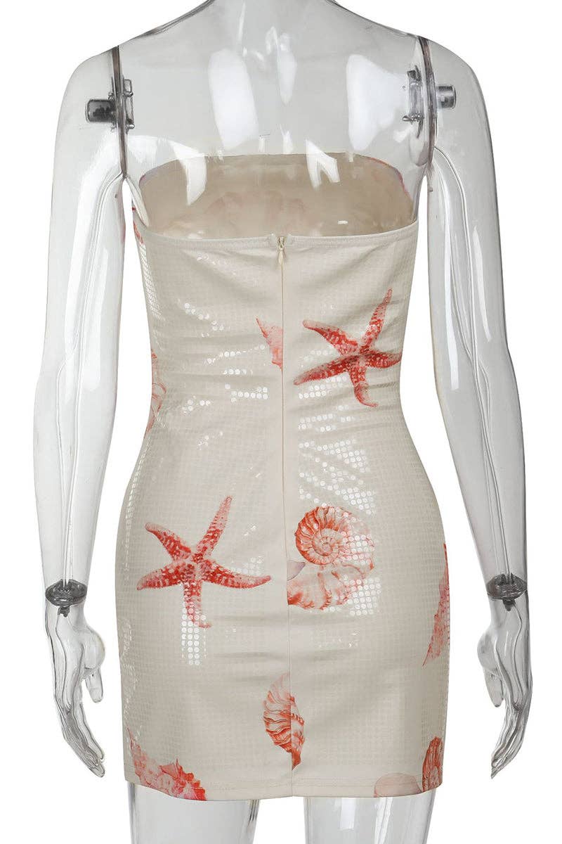 Mccolin - Strapless Starfish Print Dress: BEIGE / S